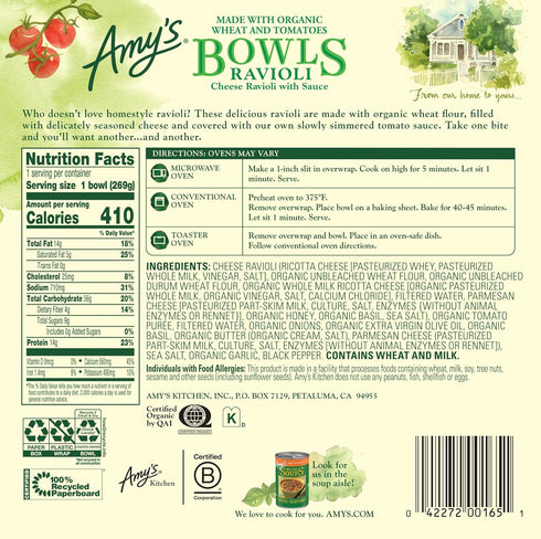 Frozen 9.5 oz. Amy's Meals, Pasta Bowl, Cheese Ravioli with Tomato Sauce