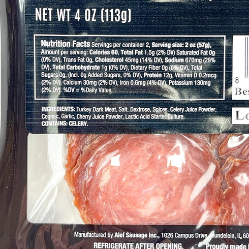 ALEF 3 packages 4 oz. Uncured All Natural Turkey Dry Salami ( each)NITRATE FREE, NITRITE FREE, MSG FREE, DAIRY FREE