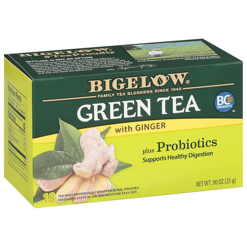 Bigelow Tea Green Tea with Ginger Plus Probiotics, Caffeinated Tea, 18 Count Box (Pack of 6)