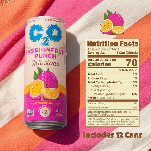 C2O (12 Pack) 700mg 12 10.5 oz - Coconut Water Infusions - Passionfruit Punch of Electrolytes - Made with Fresh Coconut