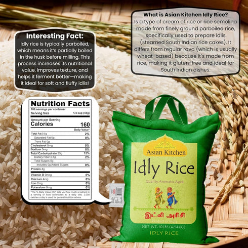 10-Pound 10lbs (4.54kg) Asian Kitchen Idly (Idli) Rice Bag, Short Grain Rice ~ All Natural | Gluten Friendly | Vegan |