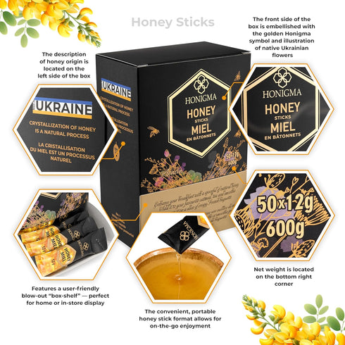 50 Count (12g (Pack 1) HONIGMA Pure Ukrainian Acacia Honey Sticks Deliciously Sweet Sustainably Sourced Each) Natural