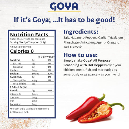 8oz. Adobo Hot All Purpose Spice by Goya, Poultry, Seafood, Meat, and Vegetable Seasoning, Latin Spicy Blend, Mexican