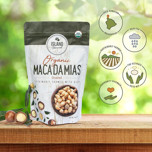 100% 8 (Pack 1) Island Harvest Unsalted Organic Macadamia Nuts - Hawaiian Unsalted Macadamia Nuts are Keto Friendly