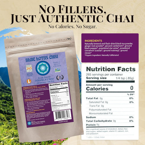 265 8 Blue Lotus Chai Star Anise Masala Chai - Makes Cups Just Add Hot Water, No Steeping, No Gluten - Ounce Masala