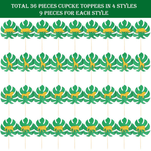 36 Pieces Jungle Style Animal Cupcake Toppers, Gold Glitter Palm Leaves Cake Decorations for Parties