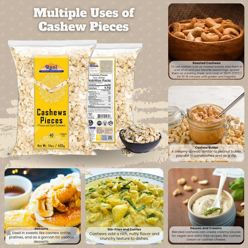 14oz (400g) Rani Raw Cashews Halves and Pieces (uncooked, unsalted) ~ All Natural, No Preservatives | Vegan | NON-GMO |
