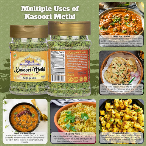 1oz (28g) Rani Fenugreek Leaves Dried (Kasoori Methi) PET Jar ~ All Natural | Vegan | Gluten Friendly | NON-GMO |
