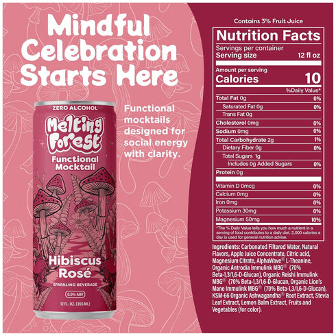 10 (4 Pack) Melting Forest Functional Mocktail Hibiscus Rose Alcohol-Free, Euphoric Adaptogen Drink with Reishi