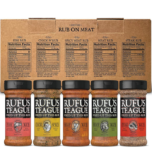 Set, 5 Set, Rufus Teague BBQ Seasoning Gift Big Box O' Rub BBQ Dry Rub for Smoking and Grilling Meat, Flavor Spice