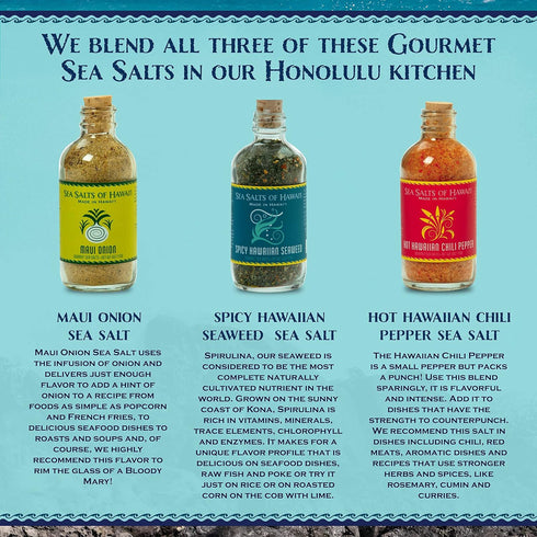 3 Pack, Sea Salts of Hawaii Variety Maui Onion Salt, Hawaiian Chili Pepper Salt, Spicy Seaweed Flavored Hawaiian Sea