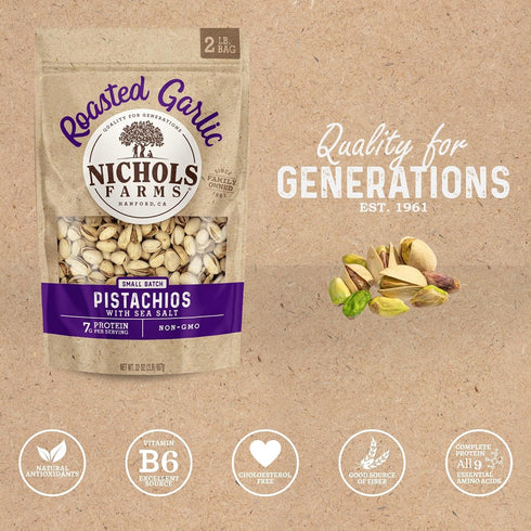 Packs, 2LB Nichols Farms California Grown Pistachios, InShell, Nutrient Rich Snack Roasted Garlic