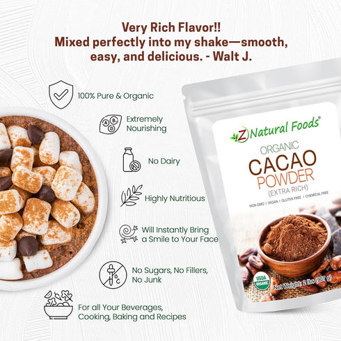 Nutrition-Packed, 2 lbs Z Natural Foods Organic Cacao Powder, Extra-Rich Dark Chocolate Flavor, Perfect for Chocolate