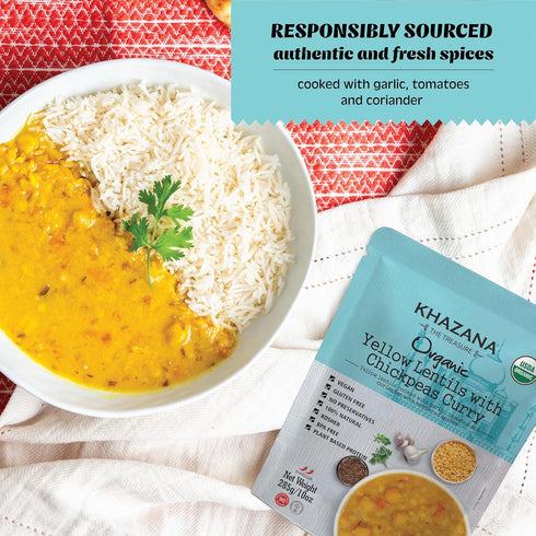 (Pack 1, 10oz 90 Khazana Organic Ready to Eat Meals - Yellow Lentils with Chickpeas Curry of Pouches) - Non-GMO, Vegan