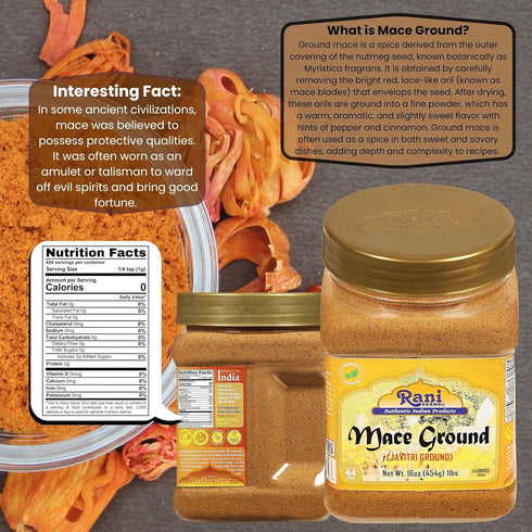 16oz (1lb) 454g Rani Mace Ground (Javathri) Powder, Spice PET Jar ~ All Natural | Vegan | Gluten Friendly | NON-GMO |