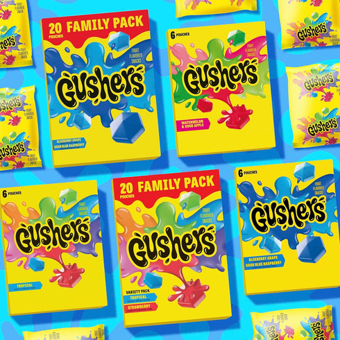 20 Pack, 16 oz Gushers Fruit Flavored Snacks, Blueberry Grape, Sour Blue Raspberry, Pouches, Family