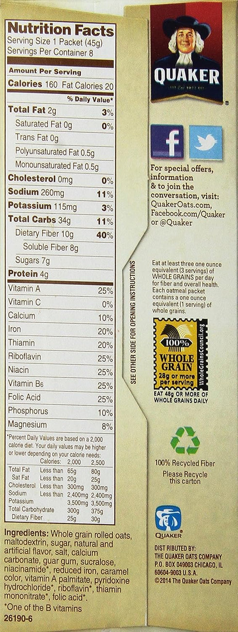 Quaker 12.6-ounce (Pack 5) Instant Oatmeal, High Fiber, Maple Brown Sugar