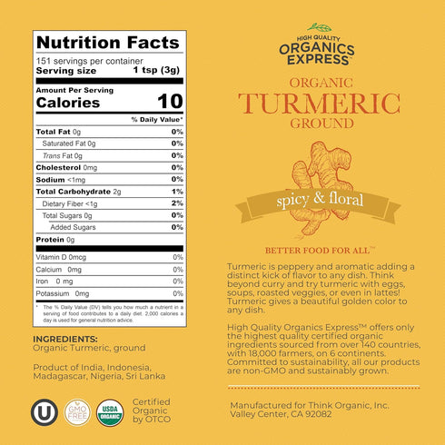 5 lb (80 oz) 1977 HQOExpress Bulk Organic Ground Turmeric Powder Value Bag USDA Organic | Non-GMO | Kosher |