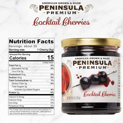 10.5 oz (3-Pack) Peninsula Premium Cocktail Cherries | Award Winning | Deep Burgundy-Red | Silky Smooth, Rich Syrup |