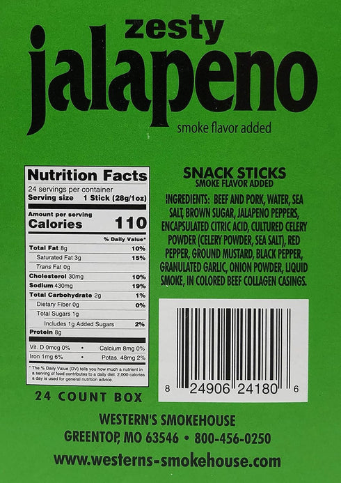 1.0 Pack 24-110 8g Western's Smokehouse Jalapeno Jerky Meat Sticks - Ounce, of Calories, Protein, Gluten-Free