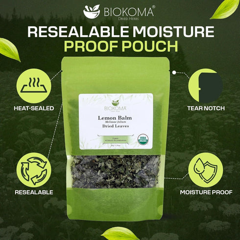 50g 1.76oz Biokoma Organic Lemon Balm Dried Leaves Melissa Officinalis Loose Herb Calming Relaxing Sleep Digestive