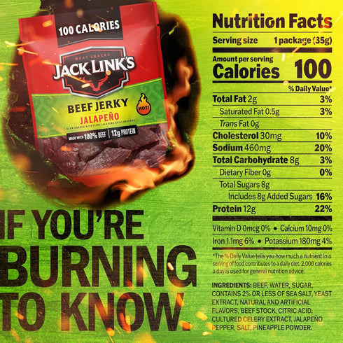 Multipack (10 Pack) 1.25 oz 12g 100% Jack Link's Jalapeo Beef Jerky - Bags - Ready to Eat Real Meat Protein Snacks