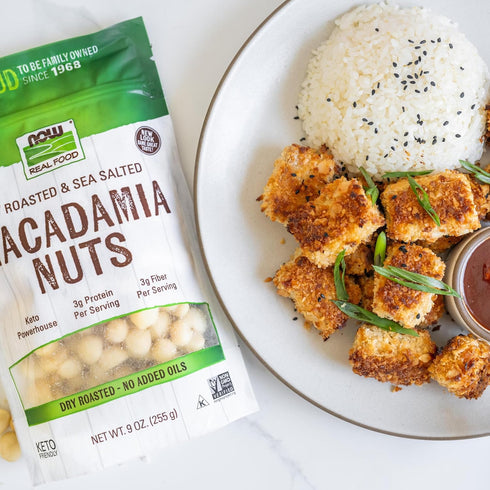 9-Ounce (Packaging NOW Foods, Macadamia Nuts, Dry Roasted with Sea Salt, Source of Fiber, Gluten-Free and Certified