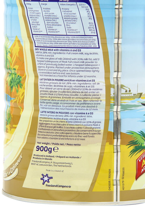 Peak 2 (900g) Whole Milk Powder, Pound Can - European Milk from Holland, rBST Free, Full Rich Flavor, Dissolves