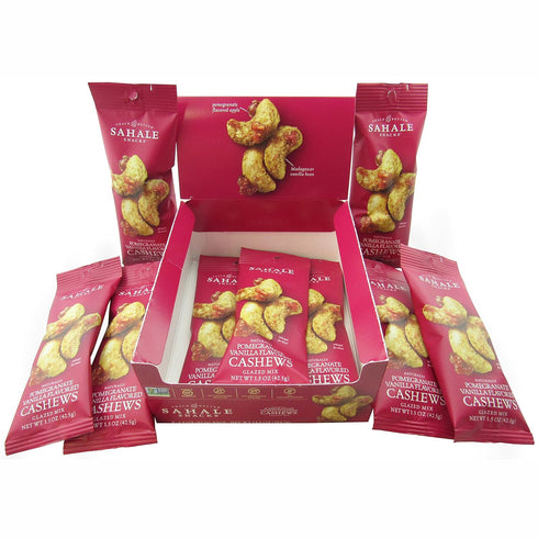 1.5 (Pack 9) Sahale Snacks Pomegranate Vanilla Flavored Cashews Glazed Mix, Ounce
