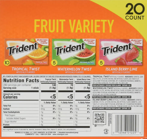 280 (20 Packs -14 Trident Sugar Free Gum Fruit Variety Total Sticks Sticks)