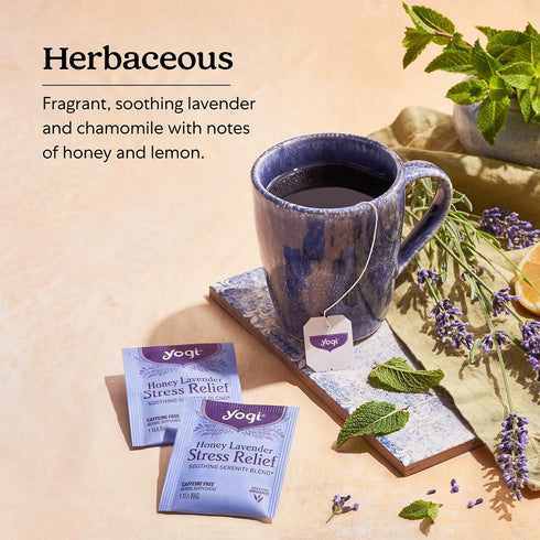 16 Pack (4 Packs) Yogi Tea Honey Lavender Stress Relief - Bags per - Organic Chamomile Lavender Tea - Includes Lemon