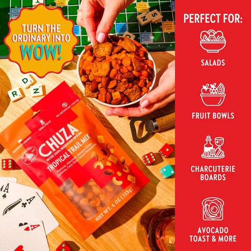 (4 oz. Pack 2) CHUZA Tropical Spicy Trail Mix of Mexican Snacks Style Sweet Chili Nuts & Dried Fruit, Spicy Nuts