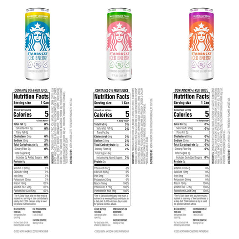 3 Pack 12x12 Oz Starbucks Iced Energy Drink, Flavor Variety (Tropical Peach, Watermelon Splash, Blueberry Lemonade)