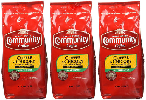 Community 36 12 (Pack 3) Coffee Coffee and Chicory Decaf Ounces, Medium Dark Roast Ground Coffee, Ounce Bag