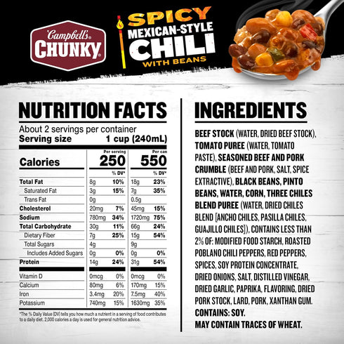 19 oz (12 Pack) Campbells Chunky Spicy Mexican-Style Chili With Beans, Can
