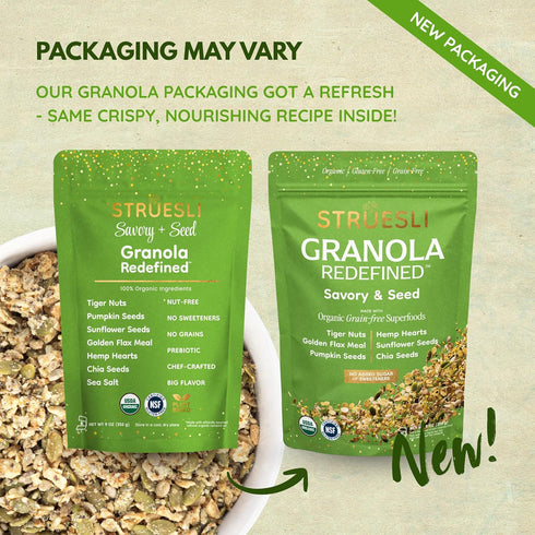 9 Oz Struesli Savory & Seed Organic Granola, Nut, Grain & Gluten Free, Healthy Snacks with Pumpkin, Sunflower & Chia