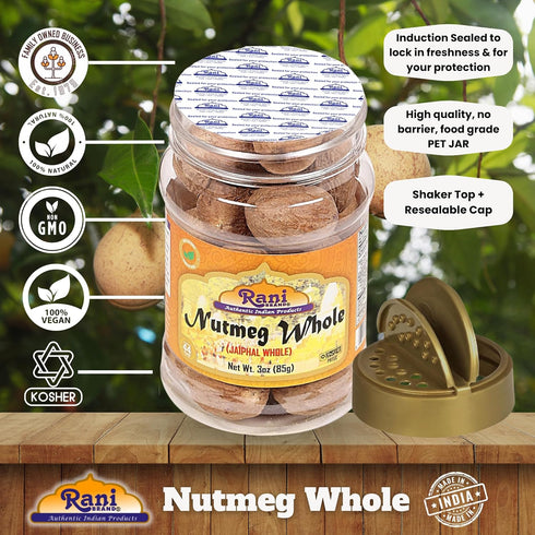 Rani Whole Nutmeg (Jaiphul) Spice, 3oz (85g) PET Jar, 17-19 Pieces, All Natural | Vegan | Gluten Friendly | Non-GMO