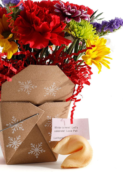 Let It Snow Fresh Cut Live Flowers Arranged in a Takeout Container with Your Personal Message Tucked Inside a Fortune