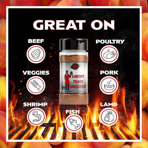 Savory Peach Molasses Seasoning for cooking chicken, vegetables, beef, pork, seafood and anything you grill or slow cook.