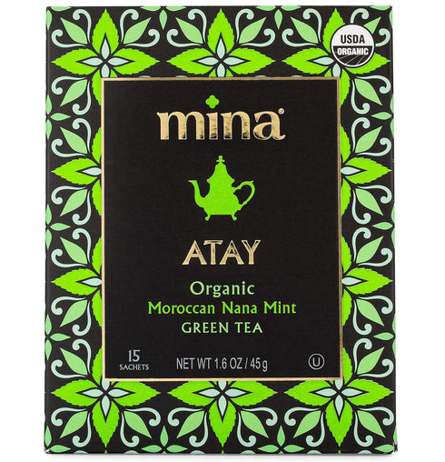 Mina Atay Moroccan Nana Mint Organic Green Tea, 15 Biodegradable Sachets - Refreshing Low Caffeine Mint Tea Bags