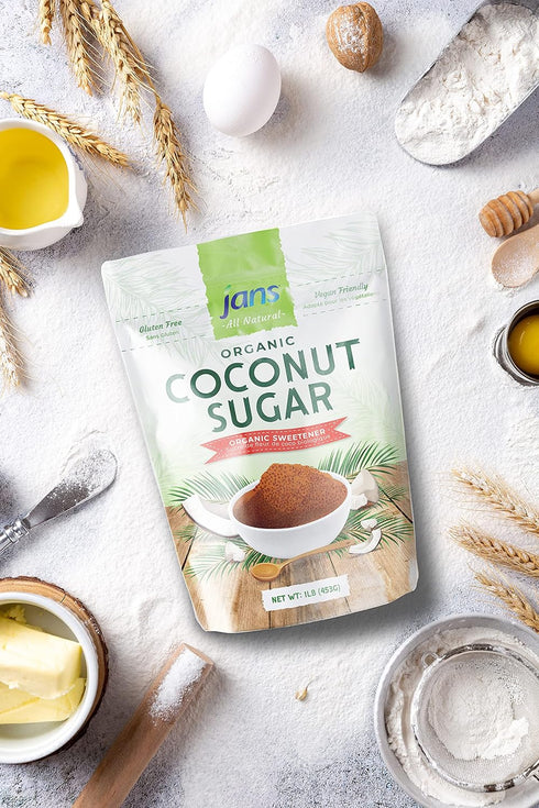 16oz (1 lb (Pack 1)) Jans Organic Coconut Sugar, Natural Coconut Palm Sugar, Brown Coconut Sugar, Unrefined, Non-GMO