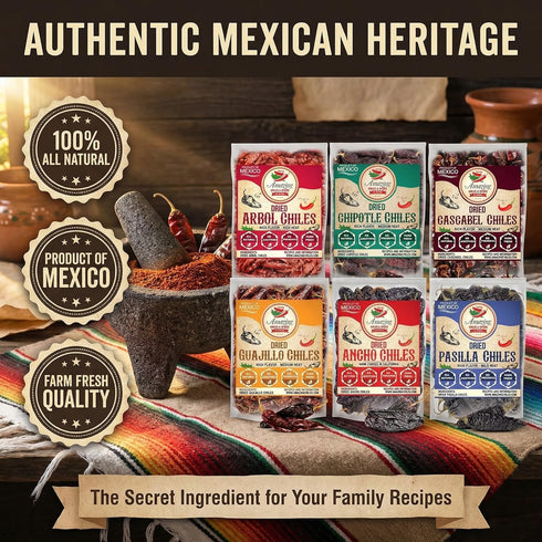 6 Pack (24oz Dried Peppers Bundle - Ancho, Guajillo, Pasilla, Arbol, Chipotle, Cascabel Total). By Amazing Chiles