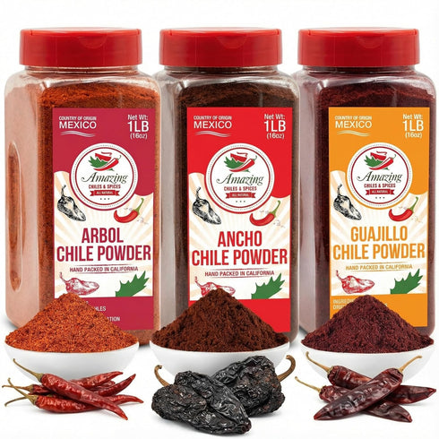Pack (48 oz Chile Powder Variety Total) Ancho, Guajillo & Arbol for Authentic Mexican Flavor Pure Ground Dried Chiles