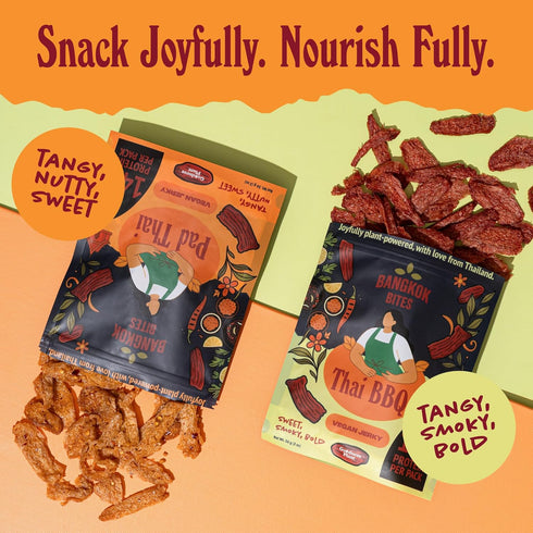 Pack 2 oz (2-Pack) Bangkok Bites Vegan Jerky Variety (Thai BBQ + Pad Thai), Real Ingredients, High-Protein, Low Fat