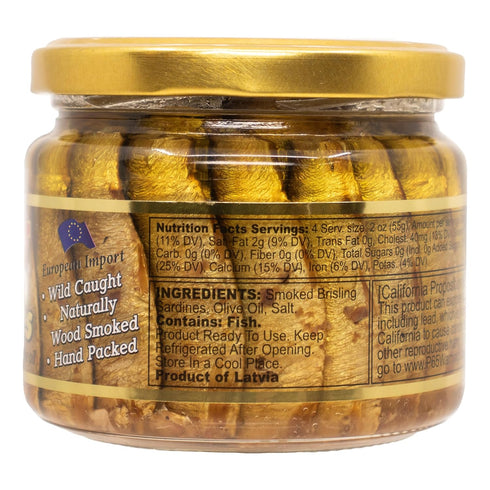 9.5oz (Pack 6) Hand-Packed, Omega-3, MW Polar Naturally Alder Wood Smoked Brisling Sardines in Olive Oil, Jar of |