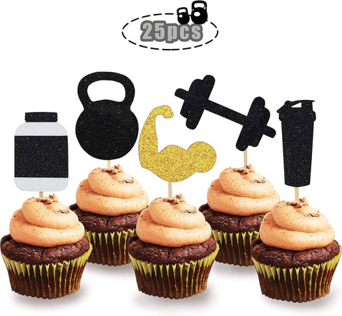 Glitter Gym Theme Cupcake Toppers, Weight Lifting Cupcake Toppers for Fitness Themed Birthday Party Supplies