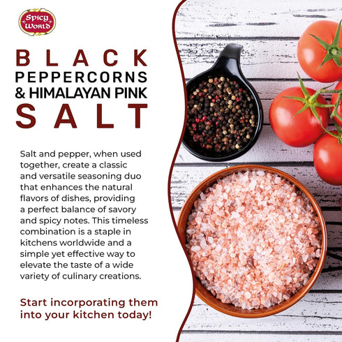 Spicy World 16 Oz 1.75 LB (28 Oz) Whole Black Peppercorns + Himalayan Pink Salt Coarse