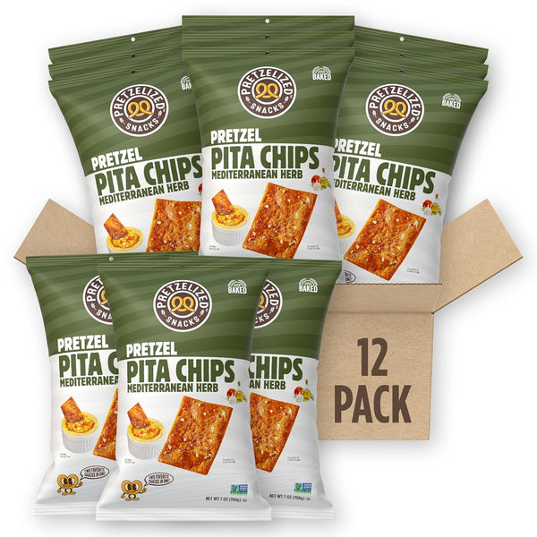 PRETZELIZED Snacks Pretzel Pita Chips, Mediterranean Herb Flavor, 7 oz Bags (Pack