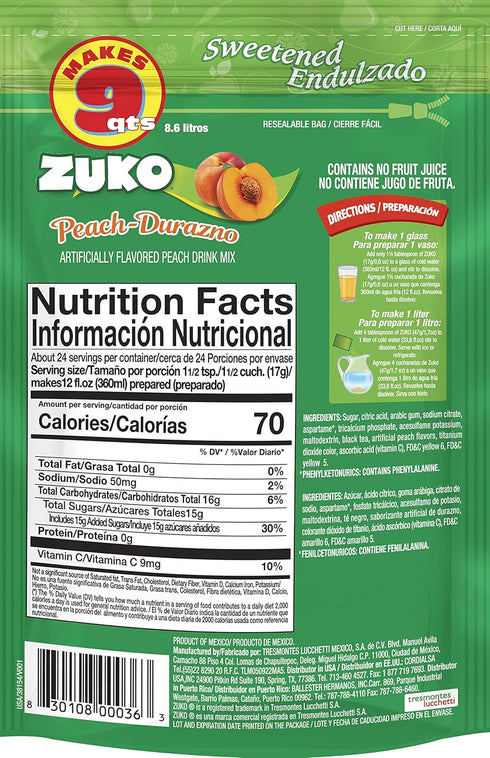 Pack, 14.1 oz, Pack 6 Zuko Peach Instant Powder Drink Family