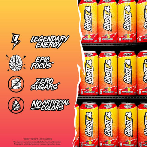 12-Pack, 16oz 200mg GHOST Energy Drink - Strawbango, - Energy & Focus & No Artificial Colors - of Natural Caffeine